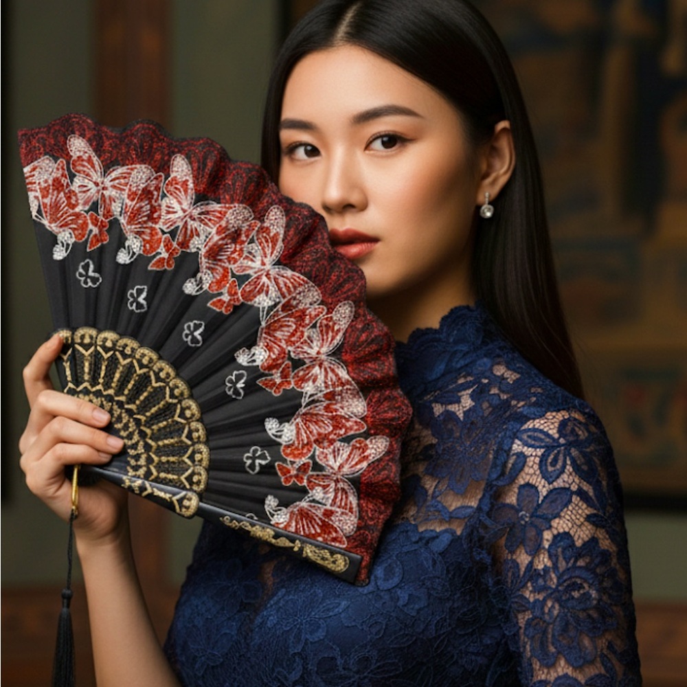 ✨NEW Red and Black Lace Butterfly Hand Fan - Women Accessories